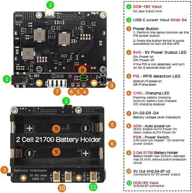 Alt view image 2 of 5 - Geekworm X1205 5V UPS HAT Shield for Raspberry Pi 5|Max 5.1V 6A Output|Wide 9-18V Input|Auto Power On|Safe Shutdown|Power Loss Detection Function