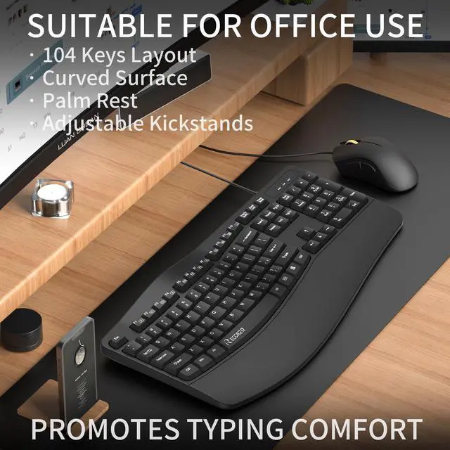 Alt view image 2 of 5 - RECCAZR Ergonomic Keyboard, Wired Computer USB Keyboard with Wrist Rest, Spill-Resistant, Wave Keys for Natural Typing, Compatible with Windows/PC/Laptop(Black)