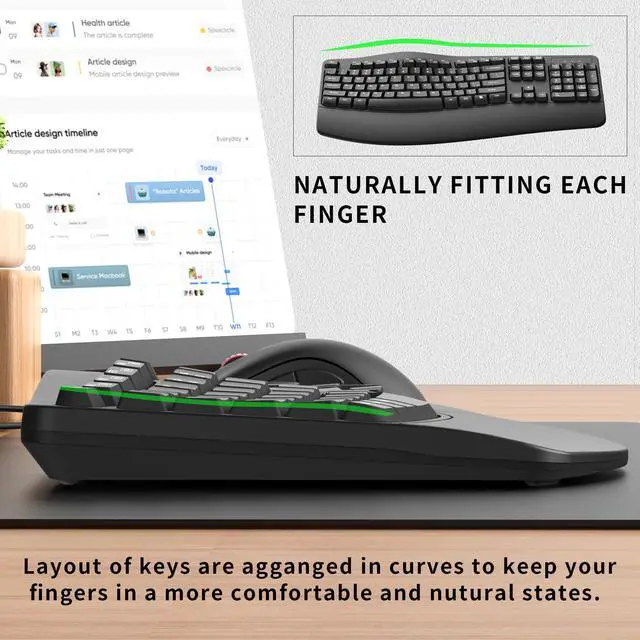 Alt view image 4 of 5 - RECCAZR Ergonomic Keyboard, Wired Computer USB Keyboard with Wrist Rest, Spill-Resistant, Wave Keys for Natural Typing, Compatible with Windows/PC/Laptop(Black)