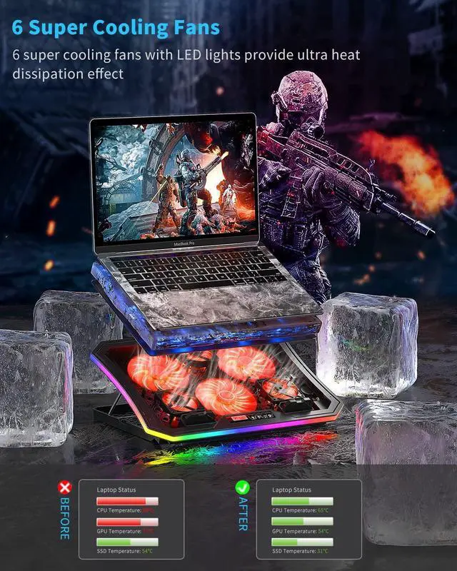 Alt view image 2 of 5 - Laptop Cooling Pad, KeiBn RGB Lights Laptop Cooler 6 Fans for 15.6-17.3 Inch Laptops, 7 Height Stands, 10 Modes Light, 2 USB Ports, Desk or Lap Use (A8,Red)