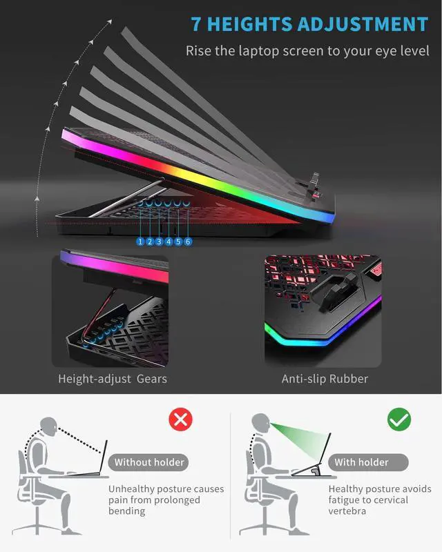 Alt view image 4 of 5 - Laptop Cooling Pad, KeiBn RGB Lights Laptop Cooler 6 Fans for 15.6-17.3 Inch Laptops, 7 Height Stands, 10 Modes Light, 2 USB Ports, Desk or Lap Use (A8,Red)