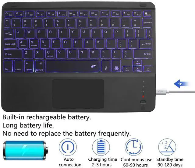 Alt view image 5 of 5 - Sunffice Bluetooth Keyboard with Touchpad,Ultra Silm 7 Colors Backlit Wireless Keyboard Rechargeable Portable Keypad with Trackpad for iPad iOS Android Windows Tablets PC Smartphone Universal(Black)