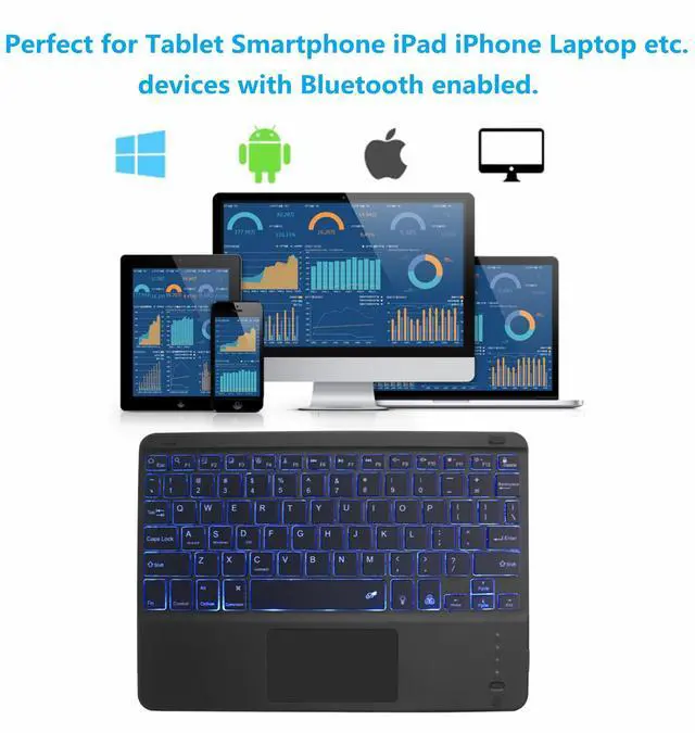 Alt view image 4 of 5 - Sunffice Bluetooth Keyboard with Touchpad,Ultra Silm 7 Colors Backlit Wireless Keyboard Rechargeable Portable Keypad with Trackpad for iPad iOS Android Windows Tablets PC Smartphone Universal(Black)