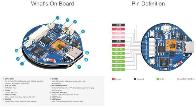 Alt view image 5 of 5 - ESP32-S3 MCU Board with Onboard 1.28inch Touch Display and 6-Axis Sensor etc. 32-bit LX7 Dual-core Processor, Supports 2.4GHz Wi-Fi (802.11 b/g/n) and Bluetooth 5, Type-C Connector