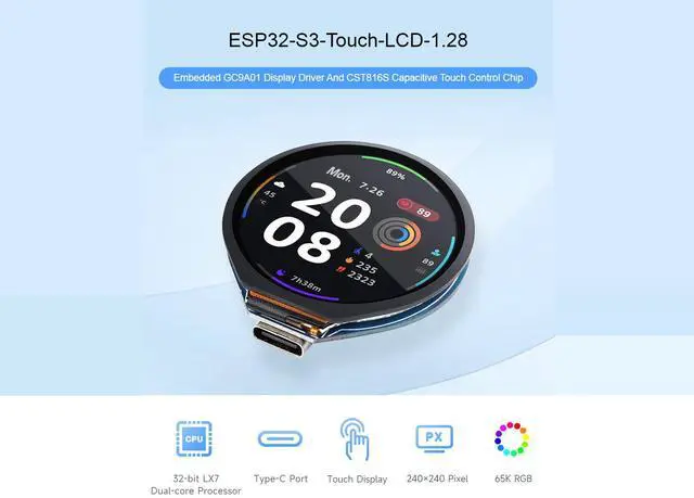 Alt view image 3 of 5 - ESP32-S3 MCU Board with Onboard 1.28inch Touch Display and 6-Axis Sensor etc. 32-bit LX7 Dual-core Processor, Supports 2.4GHz Wi-Fi (802.11 b/g/n) and Bluetooth 5, Type-C Connector