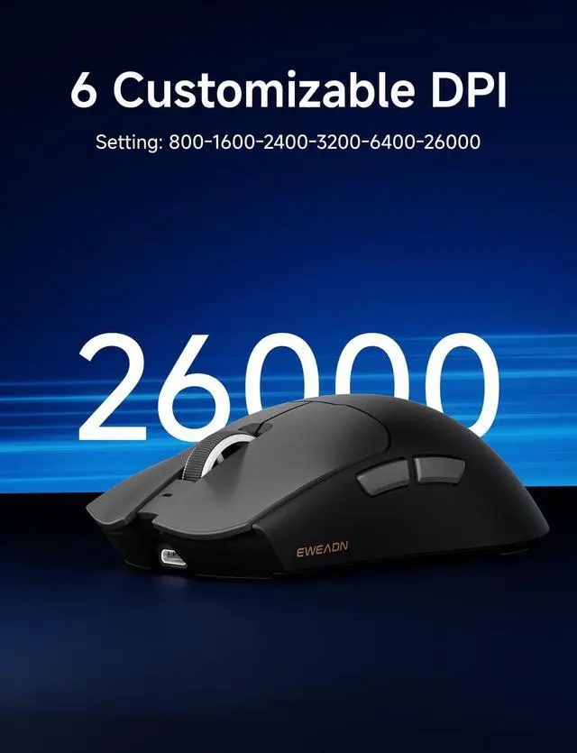 Alt view image 5 of 5 - EWEADN S9 Lightweight Wireless Gaming Mouse, Tri-Mode Wireless Mouse 2.4G/USB-C/BT, 1K Polling, 26K DPI, PAW3395 Optical Sensor, Huanyu Switch, 500mAh, 5 Programmable Buttons for PC/Win/Mac-Black