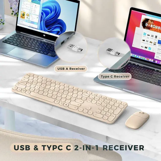 Alt view image 2 of 5 - seenda Wireless Keyboard and Mouse, USB & Type C 2-in-1 Receiver, Full Size Brown Wireless Keyboard Mouse Combo, Compatible for Windows 7/8/10/11, MacBook Pro/Air, Laptop, Desktop, PC - Khaki