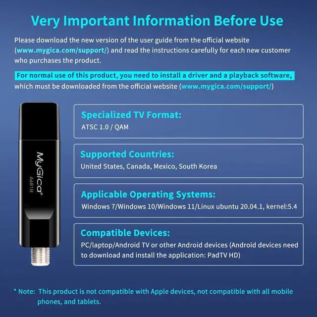 Alt view image 2 of 5 - Mygica A681B Analog USB TV Tuner Card Antenna, Recast ATSC HD Digital External HDTV Tuner Stick Dongle Adapter for Window, Linux, for PC Computer Laptop Android TV Box, Android Car Navigation