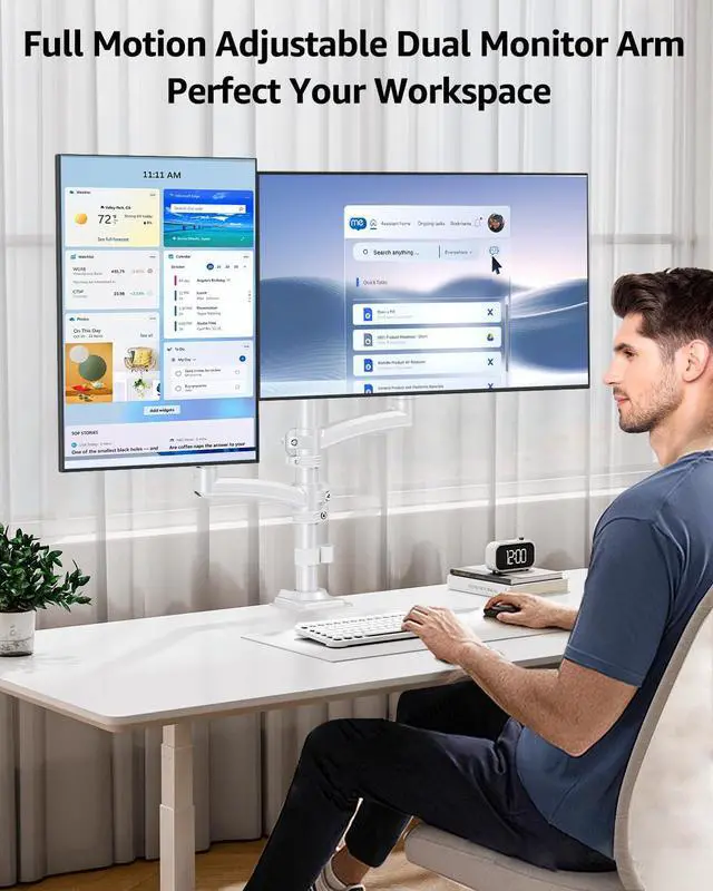 Alt view image 2 of 5 - Dual Monitor Stand Holds Max 22 lbs Each, Dual Monitor Mount Height up to 26.6 inch, Gas Spring Monitors Arm for 13-32 inch Computer, VESA Mount with C-clamp & Grommet Mounting, Freelift White