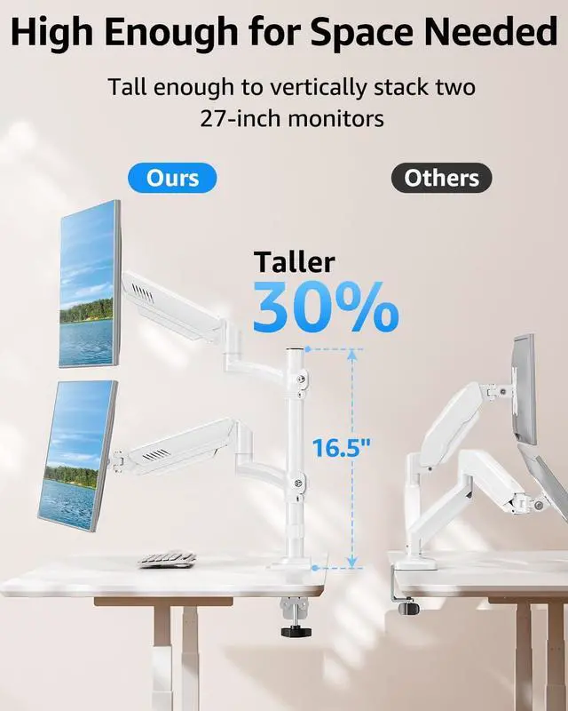 Alt view image 4 of 5 - Dual Monitor Stand Holds Max 22 lbs Each, Dual Monitor Mount Height up to 26.6 inch, Gas Spring Monitors Arm for 13-32 inch Computer, VESA Mount with C-clamp & Grommet Mounting, Freelift White