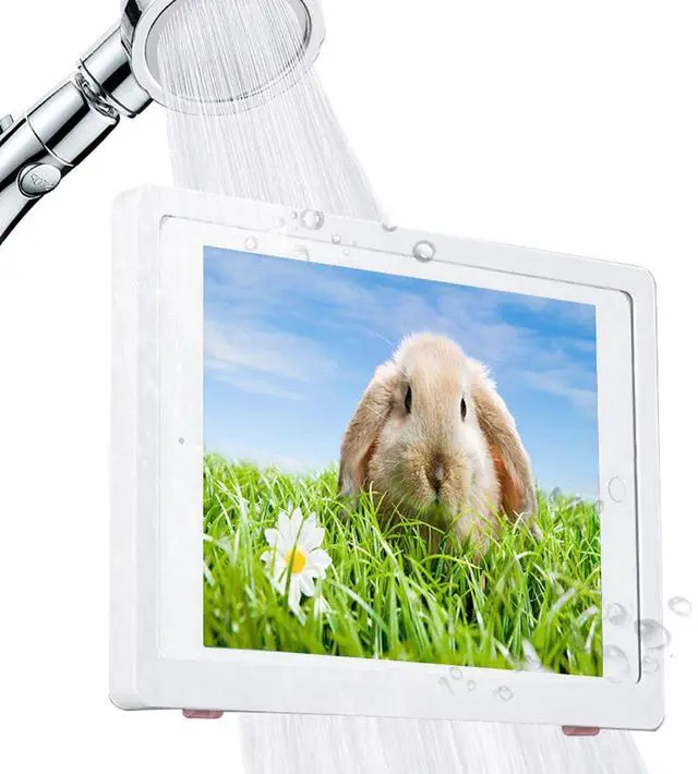 Main image of ABHILWY Shower Tablet Holder Waterproof Compatible with Ipad, Wall Mounted Bathroom Tablet Case, Adhesive Touchable Cradle with Glass Mirror Anti-Fog Screen for Bathtub Kitchen 12.9 inches White
