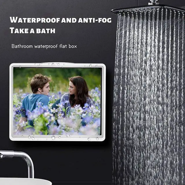 Alt view image 4 of 5 - ABHILWY Shower Tablet Holder Waterproof Compatible with Ipad, Wall Mounted Bathroom Tablet Case, Adhesive Touchable Cradle with Glass Mirror Anti-Fog Screen for Bathtub Kitchen 12.9 inches White