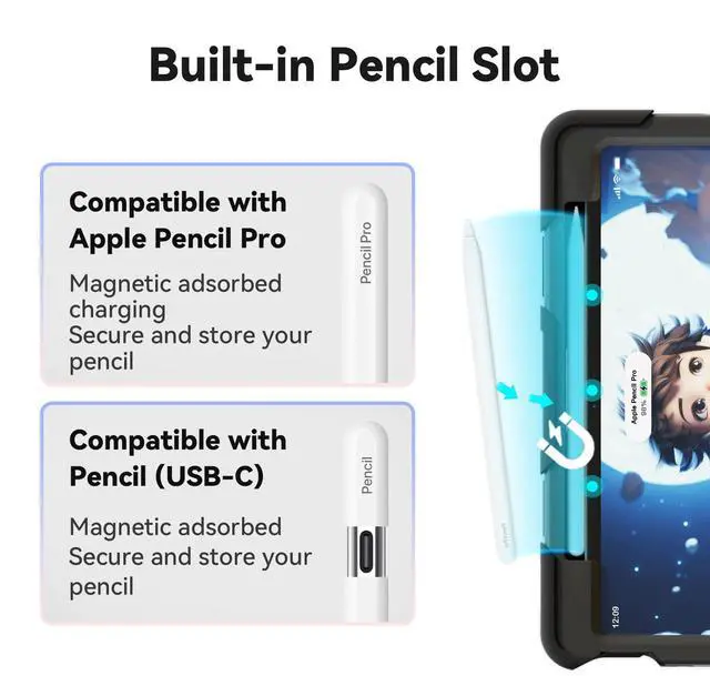 Alt view image 5 of 5 - ACEMO for iPad Air 13 inch Case M3 2025 & iPad Air 13 inch Case M2 2024 with Pencil Holder, 360deg Rotating Kickstand Handle, Shoulder Strap for Kids Girls Heavy Duty Protective Cover, Black