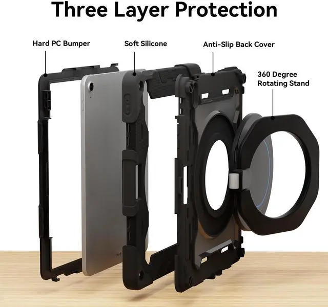 Alt view image 3 of 5 - ACEMO for iPad Air 13 inch Case M3 2025 & iPad Air 13 inch Case M2 2024 with Pencil Holder, 360deg Rotating Kickstand Handle, Shoulder Strap for Kids Girls Heavy Duty Protective Cover, Black