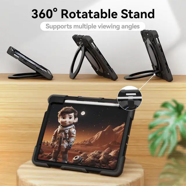 Alt view image 4 of 5 - ACEMO for iPad Air 13 inch Case M3 2025 & iPad Air 13 inch Case M2 2024 with Pencil Holder, 360deg Rotating Kickstand Handle, Shoulder Strap for Kids Girls Heavy Duty Protective Cover, Black