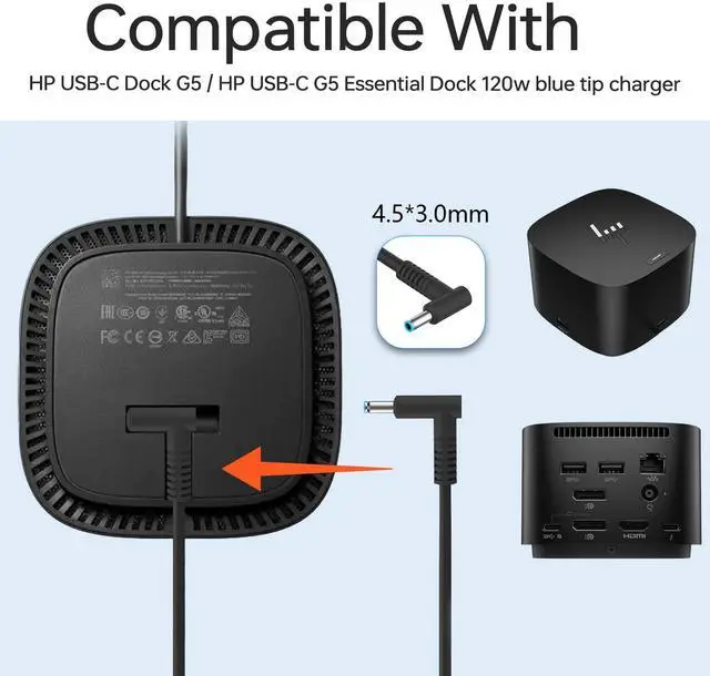 Alt view image 4 of 5 - 120W AC Charger L41856-001 Compatible with HP USB-C G5 Dock 5TW10UT HP Envy OMEN 15 17 710415-001 732811-003 5TW10UT#ABA 19.5V 6.15A Laptop Power Supply Adapter
