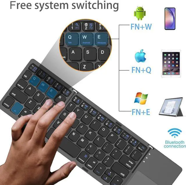 Alt view image 4 of 5 - Foldable Wireless Keyboard with Touchpad, Rechargeable Pocket-Sized Folding Travel Keyboard for iOS, Android, Windows - Space Gray