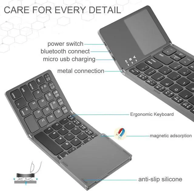 Alt view image 5 of 5 - Foldable Wireless Keyboard with Touchpad, Rechargeable Pocket-Sized Folding Travel Keyboard for iOS, Android, Windows - Space Gray