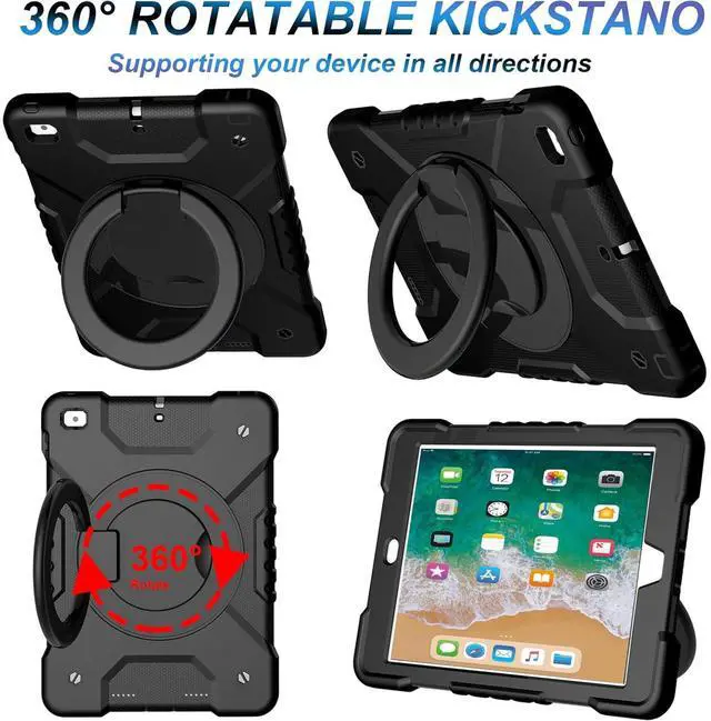 Alt view image 4 of 5 - Andnary Case for iPad 6th/5th Generation 9.7 inch 2018/2017 Case, iPad Air 2/Pro 9.7 inch Heavy Duty Protective Cover with Pencil Holder, Shoulder Strap, 360 Rotate Handle Stand, Black