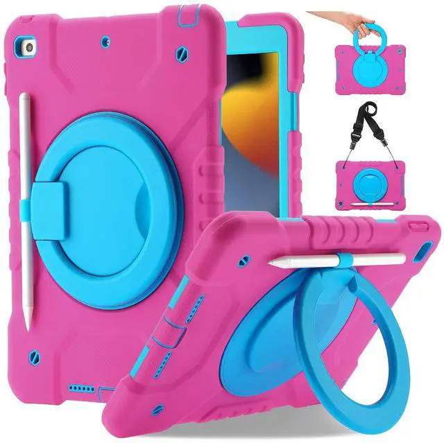 Main image of Andnary Case for iPad 9th/8th/7th Generation 10.2 inch, Heavy Duty Shockproof Cover with 360deg Rotating Handle/Bracket/Pen Holder/Shoulder Strap, Case for iPad 10.2 inch 2021/2020/2019,Pink+Blue