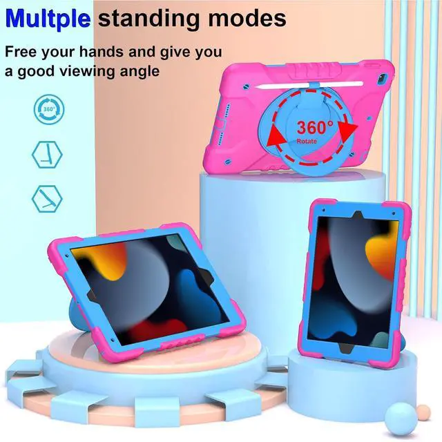 Alt view image 3 of 5 - Andnary Case for iPad 9th/8th/7th Generation 10.2 inch, Heavy Duty Shockproof Cover with 360deg Rotating Handle/Bracket/Pen Holder/Shoulder Strap, Case for iPad 10.2 inch 2021/2020/2019,Pink+Blue
