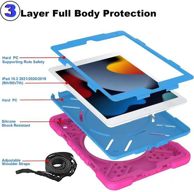 Alt view image 4 of 5 - Andnary Case for iPad 9th/8th/7th Generation 10.2 inch, Heavy Duty Shockproof Cover with 360deg Rotating Handle/Bracket/Pen Holder/Shoulder Strap, Case for iPad 10.2 inch 2021/2020/2019,Pink+Blue