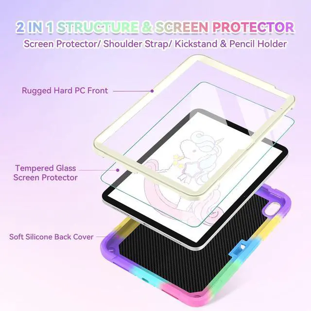 Alt view image 3 of 5 - ACEMO iPad (A16) 11th Gen Case 11 inch/iPad 10th Generation Case 10.9 inch with Screen Protector/Shoulder Strap/Pencil Holder/Kickstand Cute Kids Girls Cover for iPad 2025 2022 Rainbow Purple