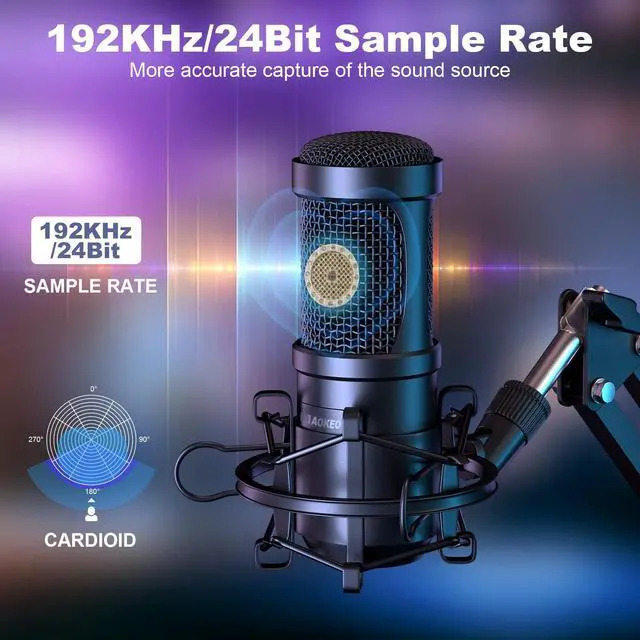 Alt view image 2 of 5 - Aokeo USB Condenser Microphone, 192kHZ/24bit Professional PC Streaming Podcast Cardioid Microphone Kit with Boom Arm, Shock Mount, Pop Filter, for Recording, Gaming, YouTube,Meeting, Discord