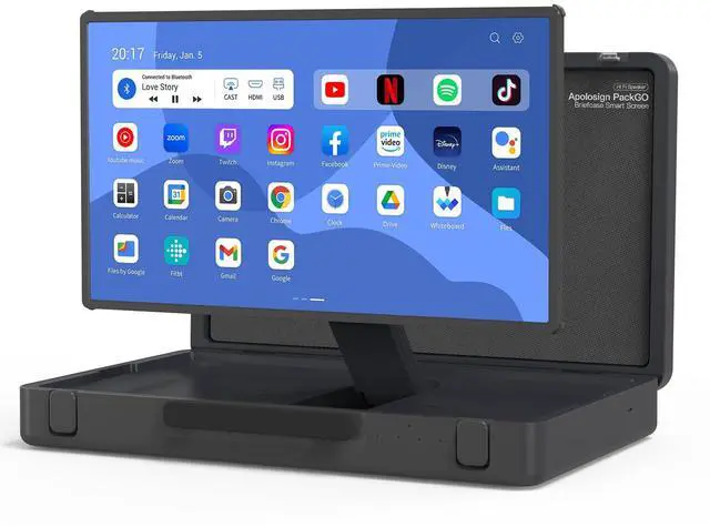 Main image of Apolosign Packgo 27-Inch Portable Entertainment System, Compact Suitcase Design Smart TV, Android OS, Bluetooth 3D Speakers, Built-in Battery 6H, Briefcase screen perfect for travel & Parties (Gray)