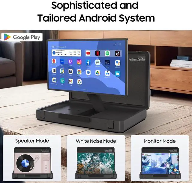 Alt view image 2 of 5 - Apolosign Packgo 27-Inch Portable Entertainment System, Compact Suitcase Design Smart TV, Android OS, Bluetooth 3D Speakers, Built-in Battery 6H, Briefcase screen perfect for travel & Parties (Gray)