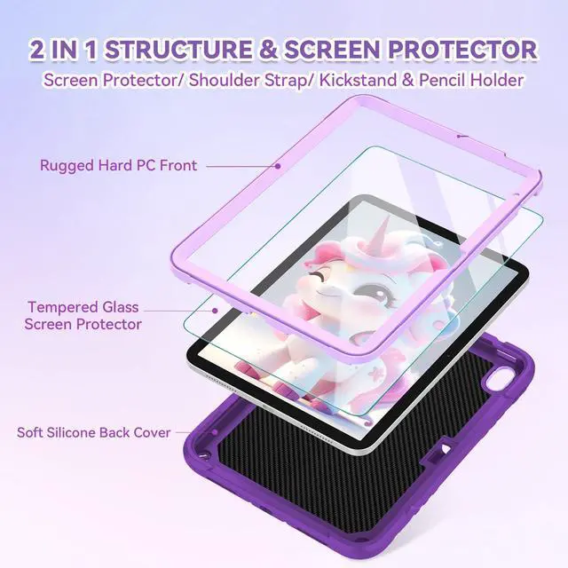 Alt view image 3 of 5 - ACEMO iPad 10th Generation Case 10.9 inch/iPad (A16) 11th Generation Case 11 inch with Screen Protector/Shoulder Strap/Pencil Holder/Kickstand Cute Kids Girls Cover for iPad 2022 2025 Dark Purple