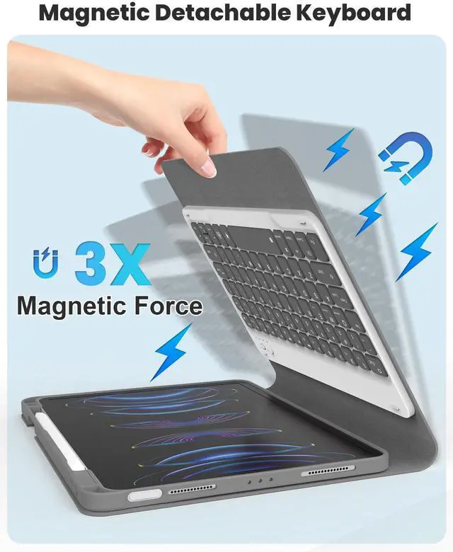 Alt view image 4 of 5 - Keyboard Case for iPad Air 11 inch (M3/M2, 2025/2024)/ iPad Pro 11 inch (1st, 2nd, 3rd, 4th Gen)/ iPad Air 5th 4th Generation, 7 Colors Backlit Detachable Wireless Keyboard Cover with Pencil Holder