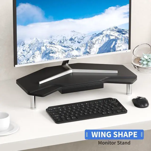 Alt view image 2 of 5 - AFOOYO Monitor Stand Riser Black,Plane Wing-Shaped Sturdy Computer Stand Ergonomic Desk Organizer Riser Wood Monitor Stand with Drawer for Laptop, Computer,16.5 Inch