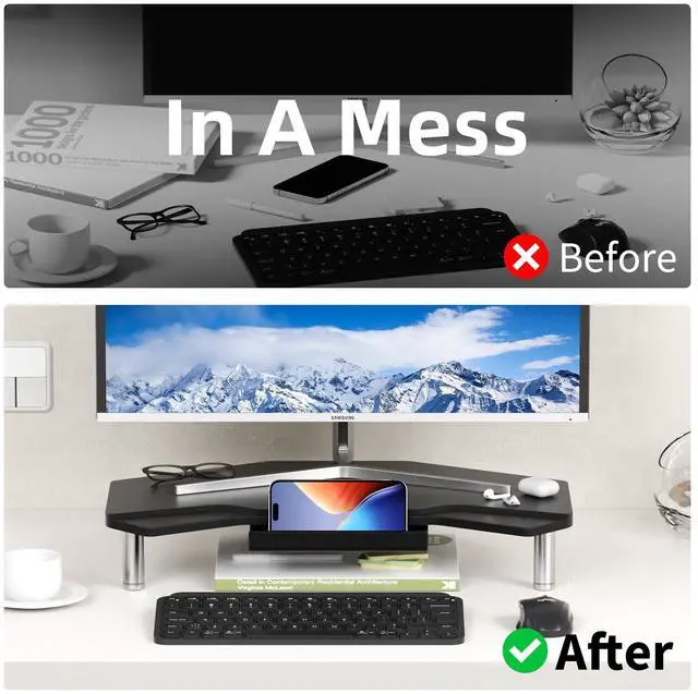 Alt view image 5 of 5 - AFOOYO Monitor Stand Riser Black,Plane Wing-Shaped Sturdy Computer Stand Ergonomic Desk Organizer Riser Wood Monitor Stand with Drawer for Laptop, Computer,16.5 Inch
