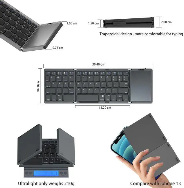 Alt view image 5 of 5 - Foldable Bluetooth 5.1 Keyboard with Full Size Touchpad,Rechargeable Pocket Wireless Portable Keyboard for iOS, Android, Windows Devices - Space Grey