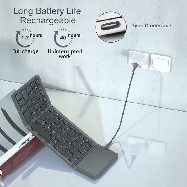 Alt view image 4 of 5 - Foldable Bluetooth 5.1 Keyboard with Full Size Touchpad,Rechargeable Pocket Wireless Portable Keyboard for iOS, Android, Windows Devices - Space Grey