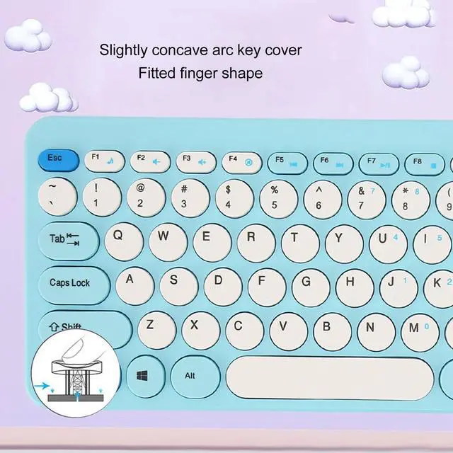 Alt view image 4 of 5 - ASHATA Cute Retro Keyboard with Round Keycaps, Mute Ergonomic 2.4G Keyboard Combo for Desktop PC Computer for OS X (Blue)