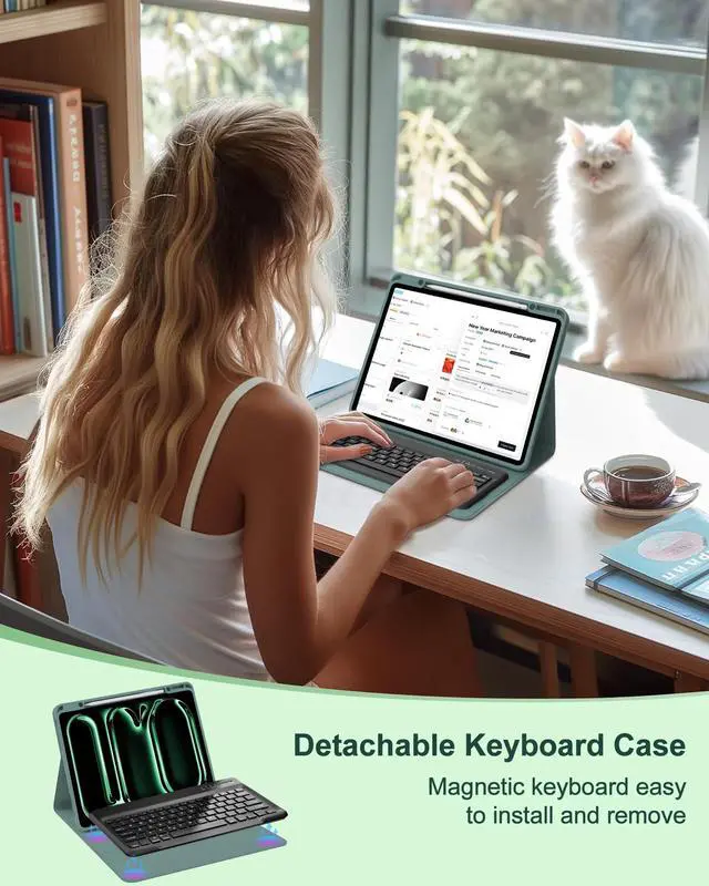 Alt view image 2 of 5 - iPad Pro 13 inch Case 2024 with Keyboard, Smart Folio Cover with Upper Pencil Holder for Apple iPad 13 Pro M4, Rechargeable, Magnetic Detachable Bluetooth Keyboard for iPad Pro 7th Gen 13", Dark Green
