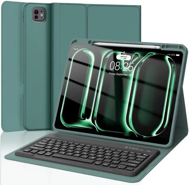 Main image of iPad Pro 13 inch Case 2024 with Keyboard, Smart Folio Cover with Upper Pencil Holder for Apple iPad 13 Pro M4, Rechargeable, Magnetic Detachable Bluetooth Keyboard for iPad Pro 7th Gen 13", Dark Green