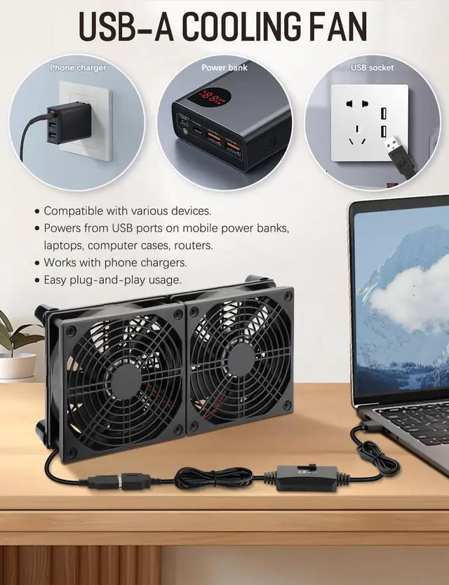 Alt view image 3 of 5 - AmRunJe 120mm x 2 USB Cooling Fan 5V 240mm Powered DC Fan with Speed Control for Router DVR Computer Receiver Xbox TV Box PlayStation Cabinet Modem*