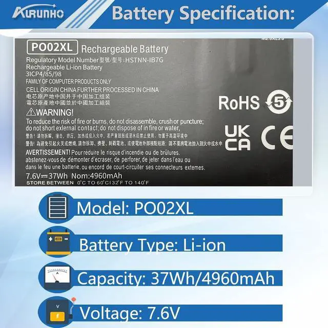 Alt view image 2 of 5 - AURUNHO PO02XL 37Wh Laptop Battery Replacement for HP Stream 11 Pro G5 G4 G3 G2 Series Stream 11-R 11-R005TU 11-AH 11-AH109DX 11-Y 11-Y007TU Series P002037XL 823908-1C1