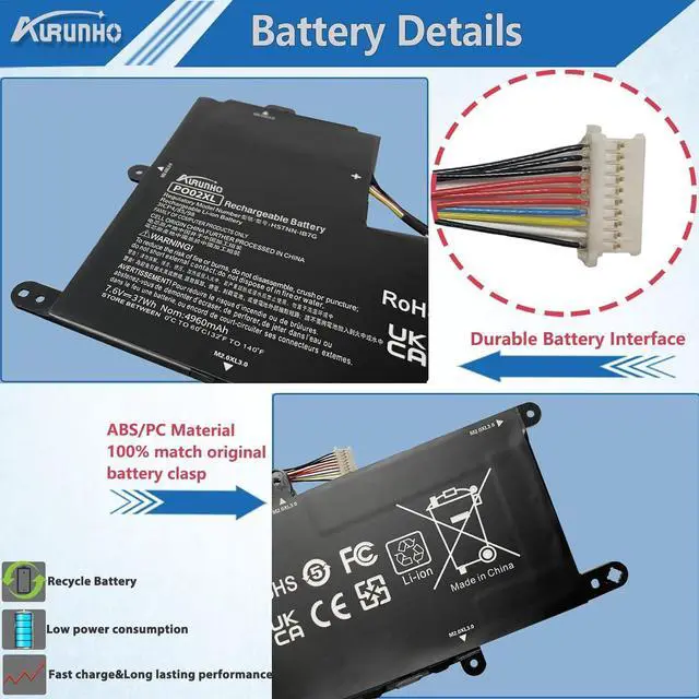 Alt view image 3 of 5 - AURUNHO PO02XL 37Wh Laptop Battery Replacement for HP Stream 11 Pro G5 G4 G3 G2 Series Stream 11-R 11-R005TU 11-AH 11-AH109DX 11-Y 11-Y007TU Series P002037XL 823908-1C1