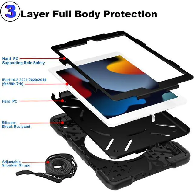 Alt view image 4 of 5 - Andnary Case for iPad 9th/8th/7th Generation 10.2 inch, Heavy Duty Shockproof Protective Cover with 360deg Rotating Handle/Bracket/Pen Holder/Shoulder Strap, Case for iPad 2021/2020/2019, Black