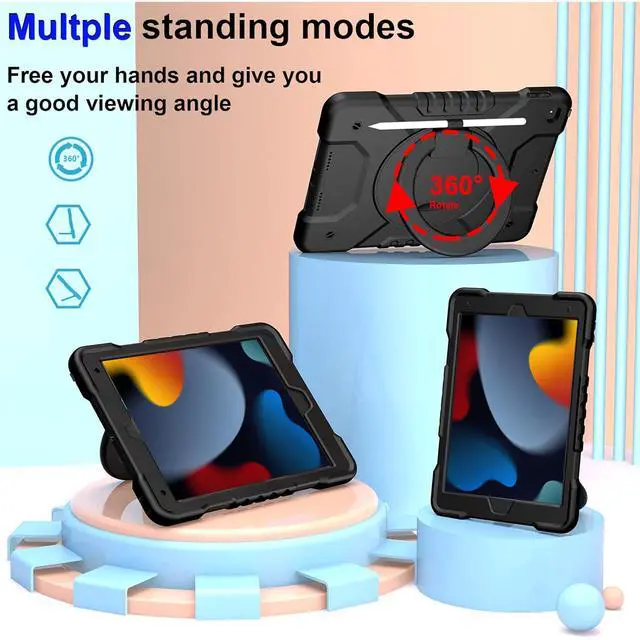 Alt view image 3 of 5 - Andnary Case for iPad 9th/8th/7th Generation 10.2 inch, Heavy Duty Shockproof Protective Cover with 360deg Rotating Handle/Bracket/Pen Holder/Shoulder Strap, Case for iPad 2021/2020/2019, Black