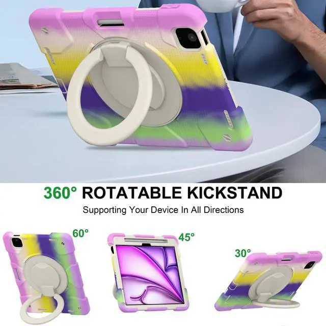 Alt view image 5 of 5 - Andnary Case for iPad Air 11 inch 2024 M2 Case 6th Generation Case, Heavy Duty Protective Cover with Pencil Holder/360deg Rotate Handle Stand/Shoulder Strap for A2902/A2903/A2904, Colorful+Purple