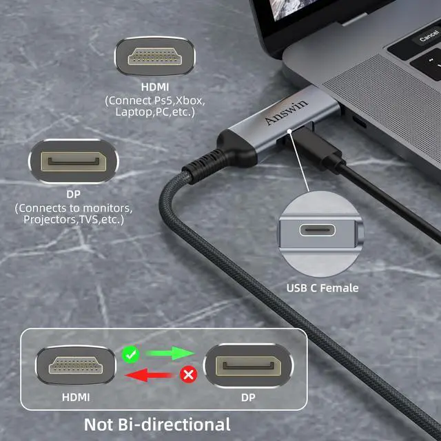 Alt view image 2 of 5 - Answin HDMI to DisplayPort Adapter, 4K@60Hz HDMI Source to DisplayPort Monitor Uni-Directional Compatible with PC Graphics Card Laptop Xbox One/360/NS/PS5/Mac Mini Supporting 2K@144Hz 1080P@165Hz