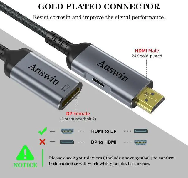 Alt view image 4 of 5 - Answin HDMI to DisplayPort Adapter, 4K@60Hz HDMI Source to DisplayPort Monitor Uni-Directional Compatible with PC Graphics Card Laptop Xbox One/360/NS/PS5/Mac Mini Supporting 2K@144Hz 1080P@165Hz