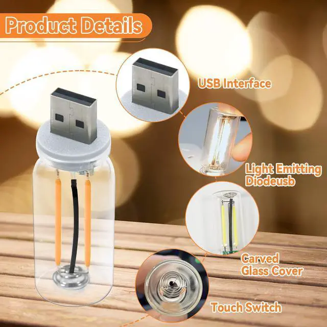Alt view image 3 of 5 - 3 Pack USB LED Car Interior Atmosphere Light, Plug-in USB Automotive Ambient Lighting Retro Lamps, Retro Ceramic LED Glass Bottle Nightlight for Car, Bedroom - Touch Control (Pink Light)