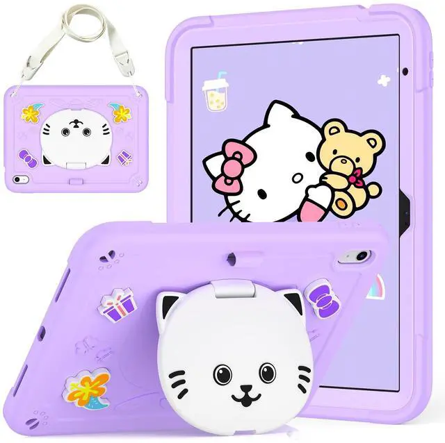 Main image of AOKOZZY for iPad (A16) 11th 11 inch 2025 /10th Generation 10.9 inch 2022 Case for Kids Girls, with Pencil Holder,Shoulder Strap & Cat Stand, Soft Silicone Shockproof Case for iPad 10th Gen (Purple)