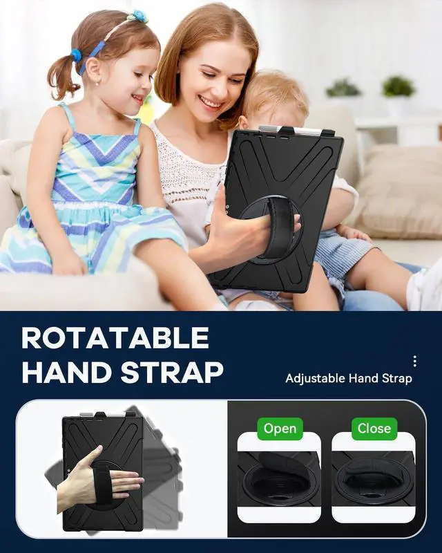 Alt view image 4 of 5 - AOOCSHEY for Microsoft Surface Pro 7+/7/6/5/4 Case with Shoulder Strap Handle Hand Strap Rotating Stand Stylus Pen Holder, Rugged Shock-Absorbing Drop-Resistant Kids Silicone Cover (12.3inch), Black